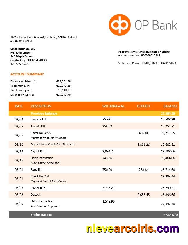 OP Bank company account statement
